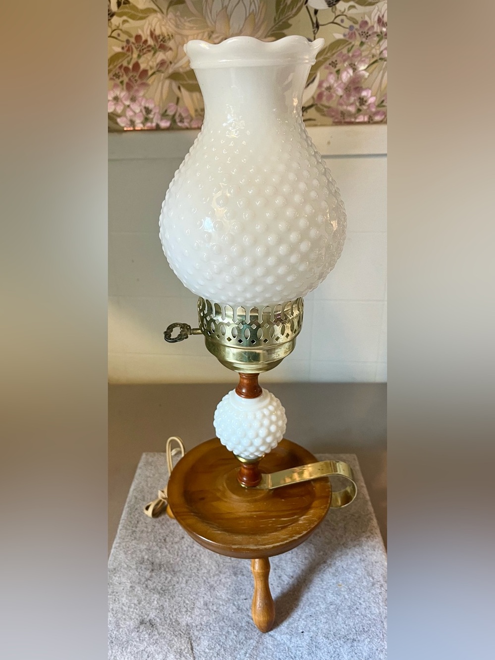 Vintage White Hobnail Milk Glass Hurricane Lamp Wood Tripod Base READ